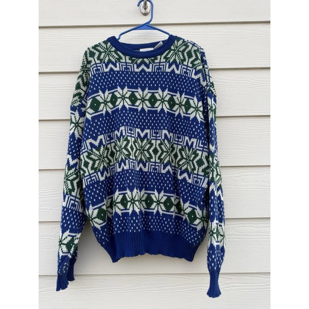 Vintage Puritan‎ Men Crewneck Pullover Sweater Blue Green Holiday Size XL